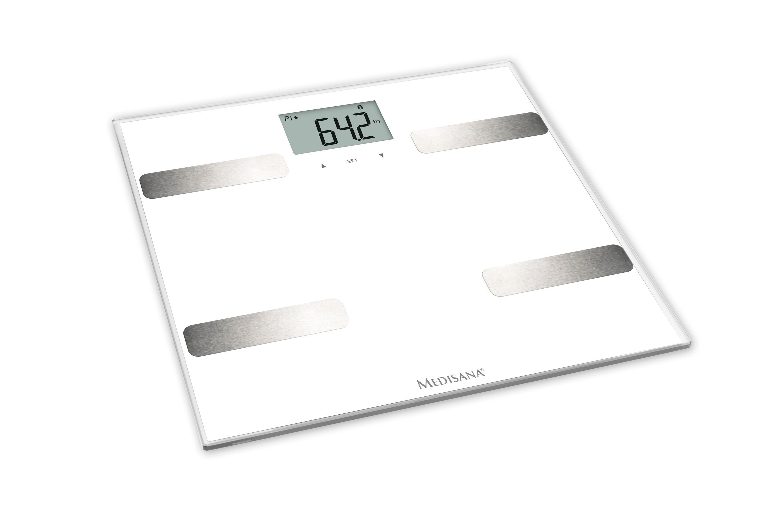 Weiße Körperanalysewaage mit LCD-Display und vier Metallelektroden, aus leicht erhöhter Perspektive.