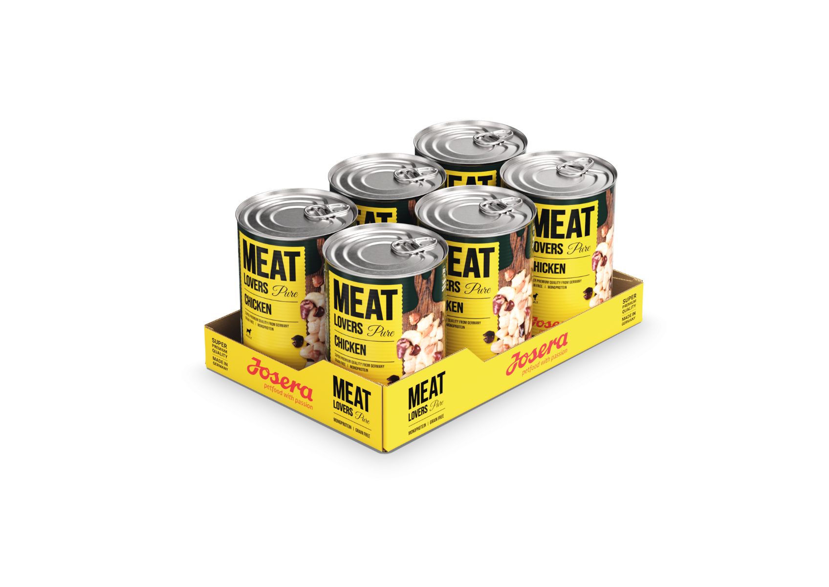 Sechs Dosen JOSERA Meat Lovers Pure Chicken in gelber Pappschale. Dosen mit Etikett, Schriftzug und Produktabbildung.