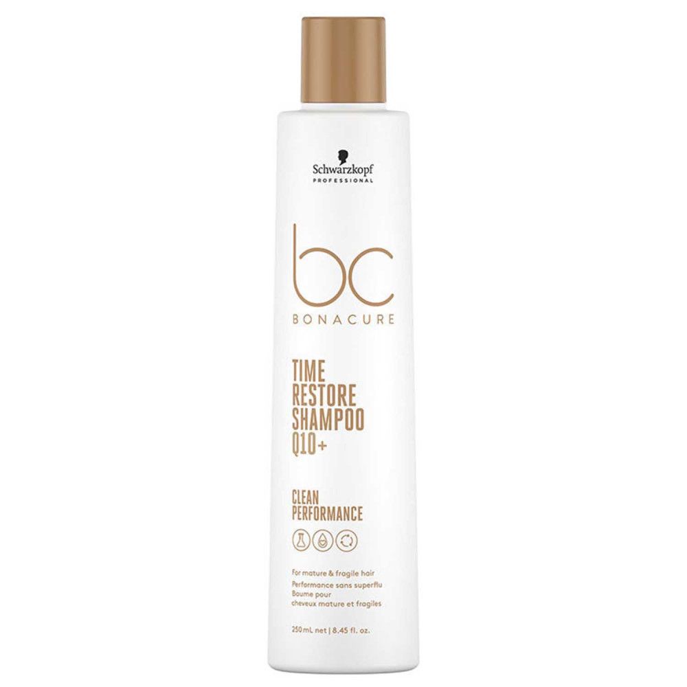 Weiße Shampoo-Flasche mit goldfarbenem Deckel. Aufschrift "Schwarzkopf Professional bc BONACURE Time Restore Shampoo Q10+".