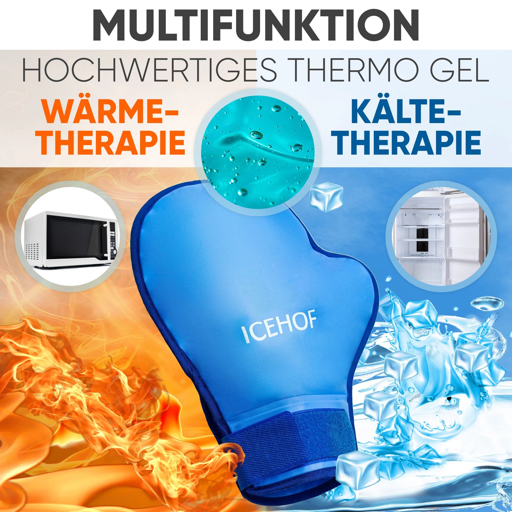 ICEHOF Kühlhandschuh zeigt Wärme- und Kältetherapie-Optionen. Mit Mikrowelle und Kühlschrank als Erwärmungs-/Kühlmethoden.