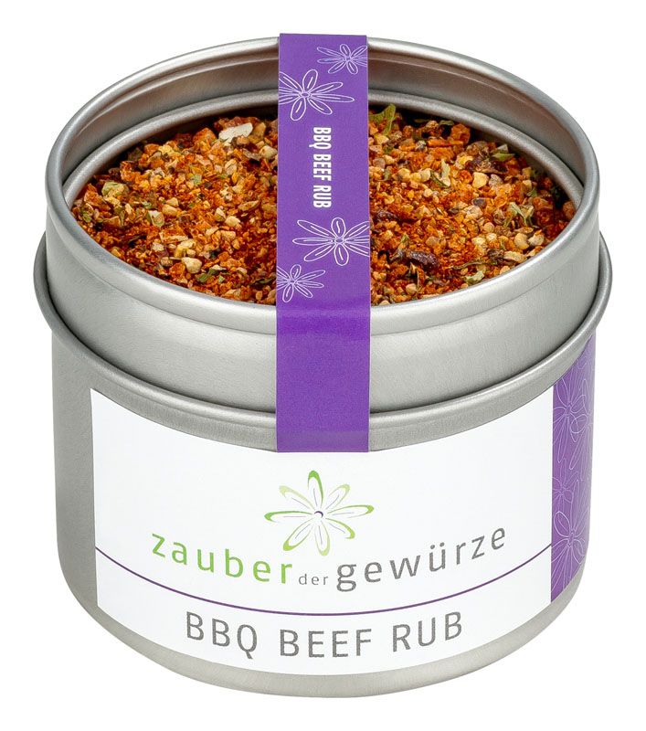 Metallbehälter mit BBQ Beef Rub. Aufkleber mit Produktname und Logo. Lila Band mit Aufschrift.