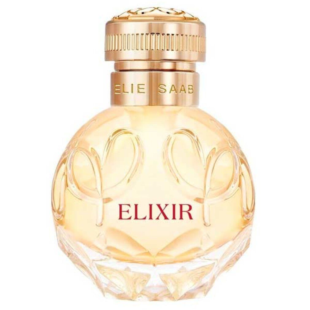 Runder Flakon mit goldfarbenem Verschluss. Aufschrift "ELIXIR" und "ELIE SAAB".