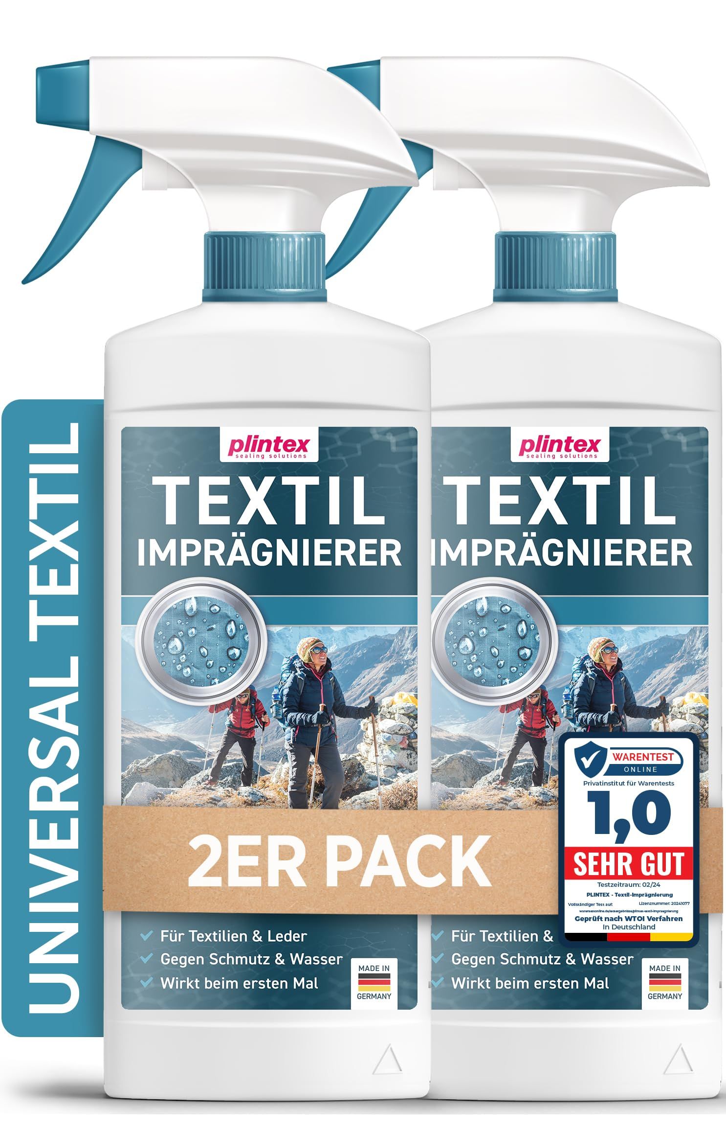Zwei Sprühflaschen PLINTEX Textil Imprägnierspray. Aufdruck: Textil Imprägnierer, 2er Pack. Aufkleber: Warentest 1,0 Sehr Gut.