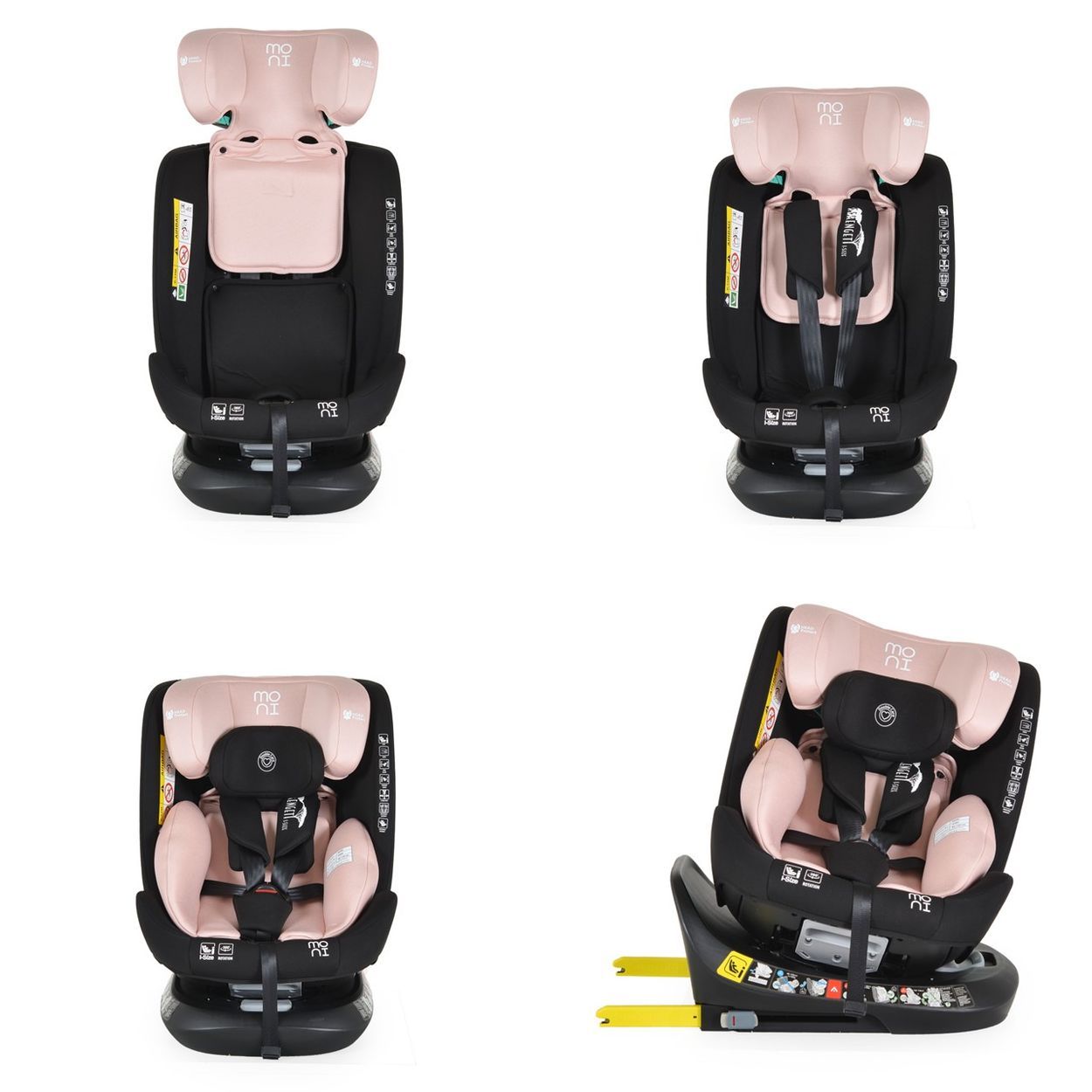 Rosa Kindersitz mit Kopfstütze und 5-Punkt-Gurt, Frontansicht.