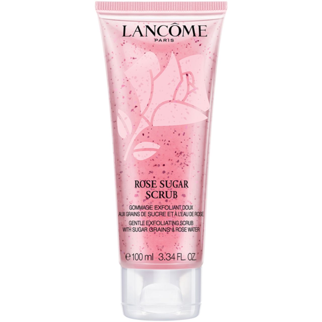 Transparente Tube mit rosa Inhalt. Text: Rose Sugar Scrub, Lancôme-Logo, 100 ml.