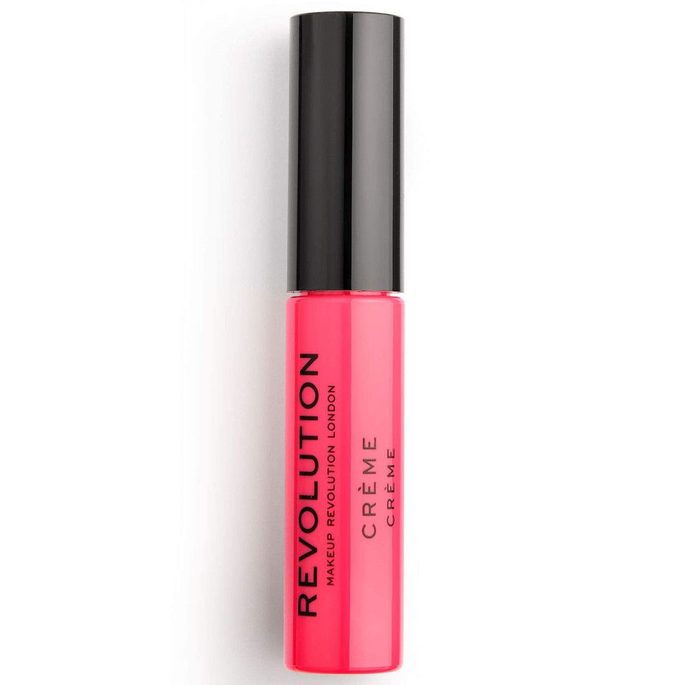 Creme-Lippenstift, pinkfarbenes Gehäuse mit schwarzem Deckel. Aufschrift: REVOLUTION, CRÈME.