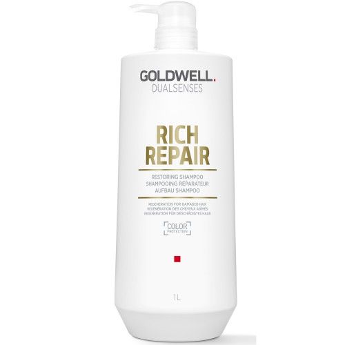 Weiße Shampoo-Flasche mit Pumpverschluss. Goldwell Dualsenses Rich Repair. Text in Gold: Rich Repair, Restoring Shampoo. 1L.