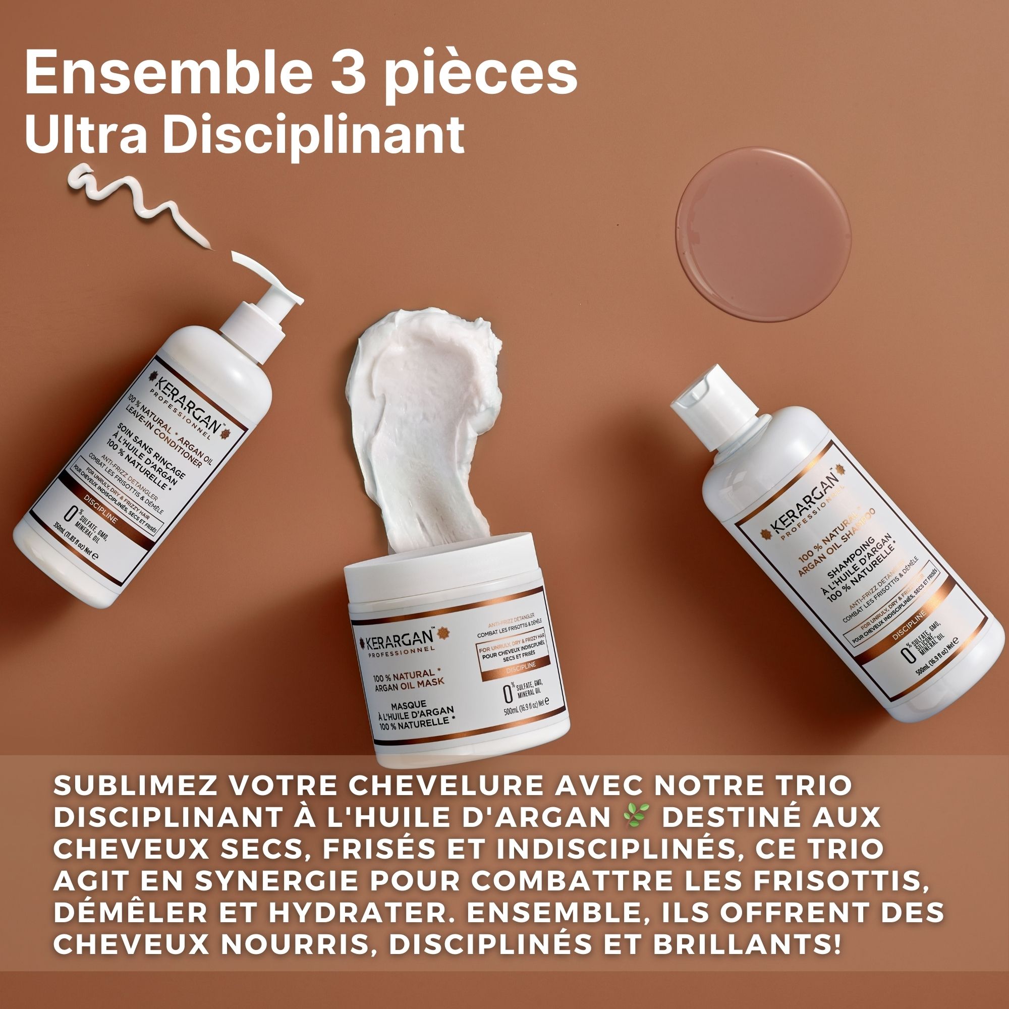 Trois produits Kerargan sur fond marron. Shampooing, masque et soin sans rinçage. Texte et images de produits.