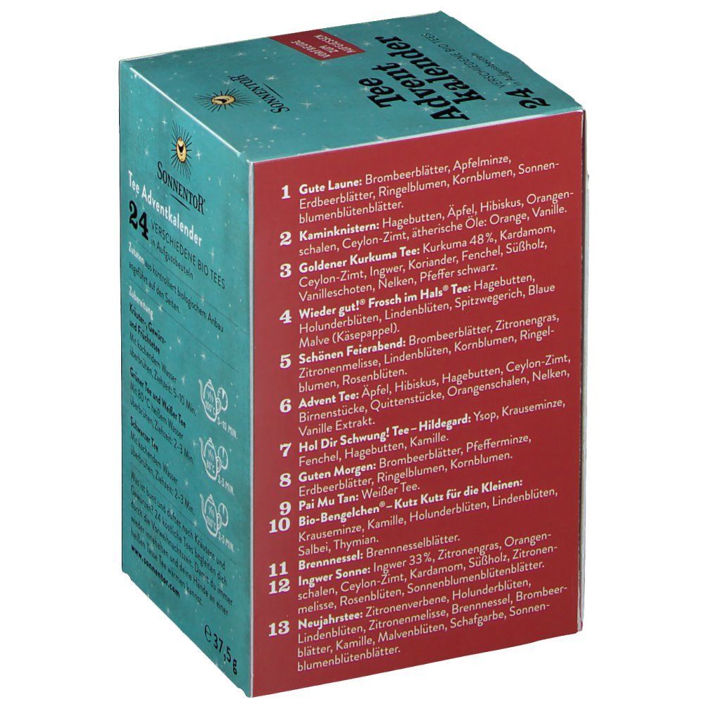 Adventskalender mit 24 Bio-Teesorten. SonnentoR Logo und Produktbezeichnung. Auflistung der Teesorten und Zutaten auf der Verpackung.