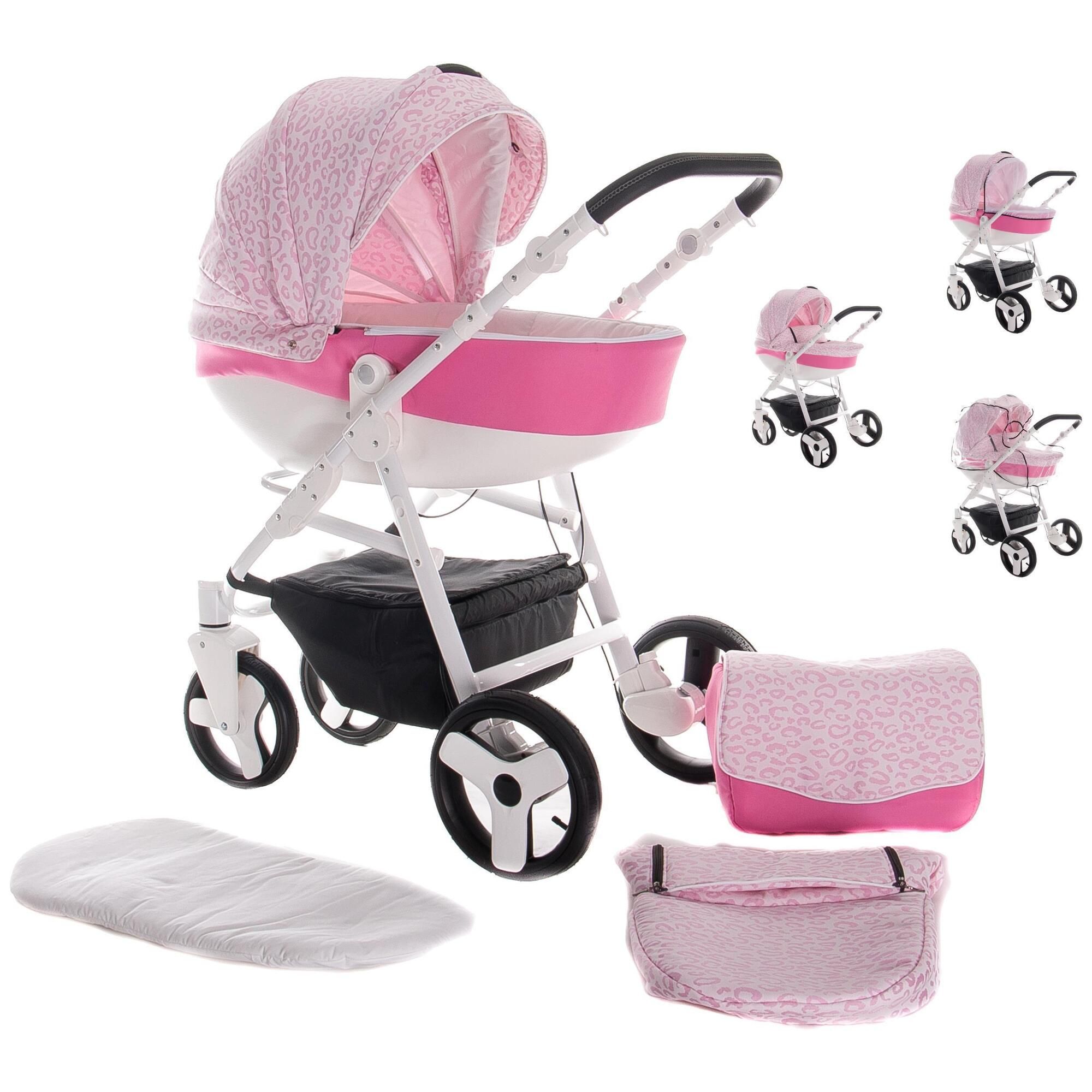 Kinderwagen mit Zubehör. Rosa Leopardenmuster. Wickelunterlage, Tasche, Fußsack. Weißes Gestell, schwarzer Korb.
