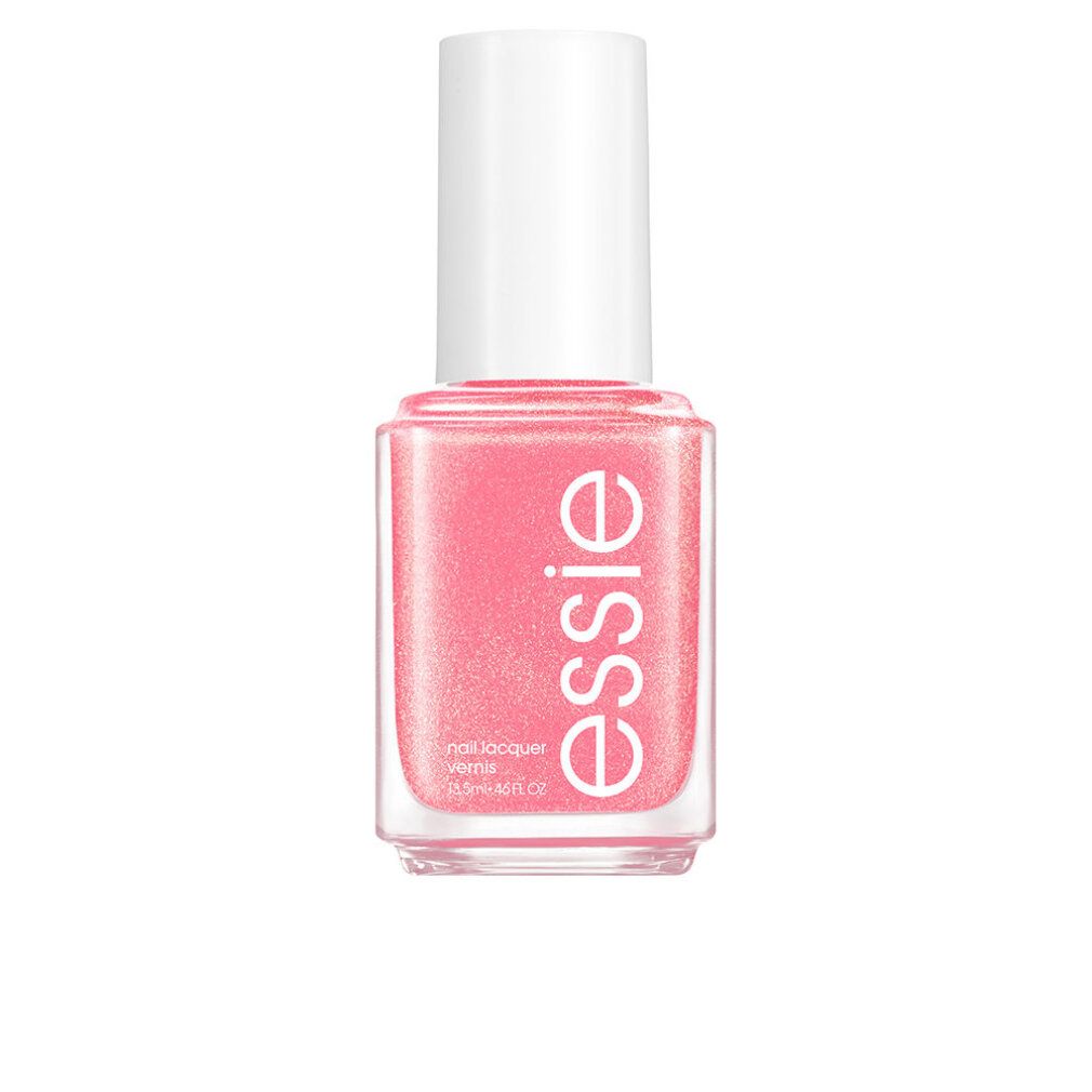 Nagellackflasche mit rosa Inhalt und weißem Deckel. Auf der Flasche steht "essie".