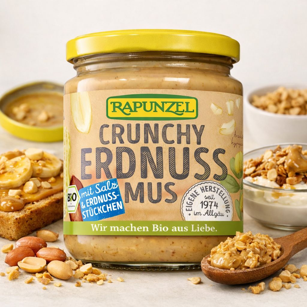 Rapunzel Erdnussmus Crunchy mit Salz und Erdnussstückchen im Glas. Bio-Produkt.