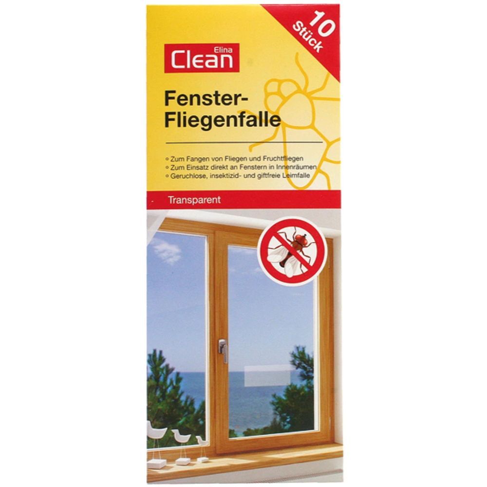 Elina Clean Fenster-Fliegenfalle Packung. Gelb-rot, mit Produktname und Inhaltsangaben. 10 Stück. Abbildung eines Fensters mit Fliegenfalle.