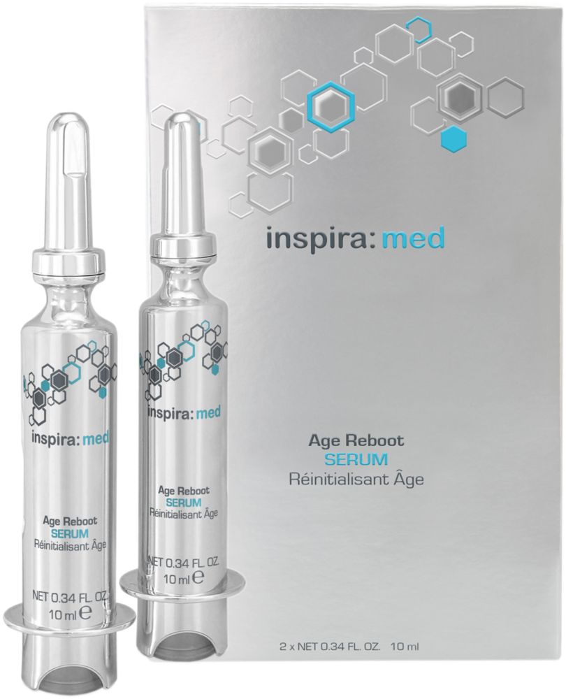 Zwei Serumfläschchen und eine Verpackung. Aufschrift: inspira:med, Age Reboot Serum, 10 ml.