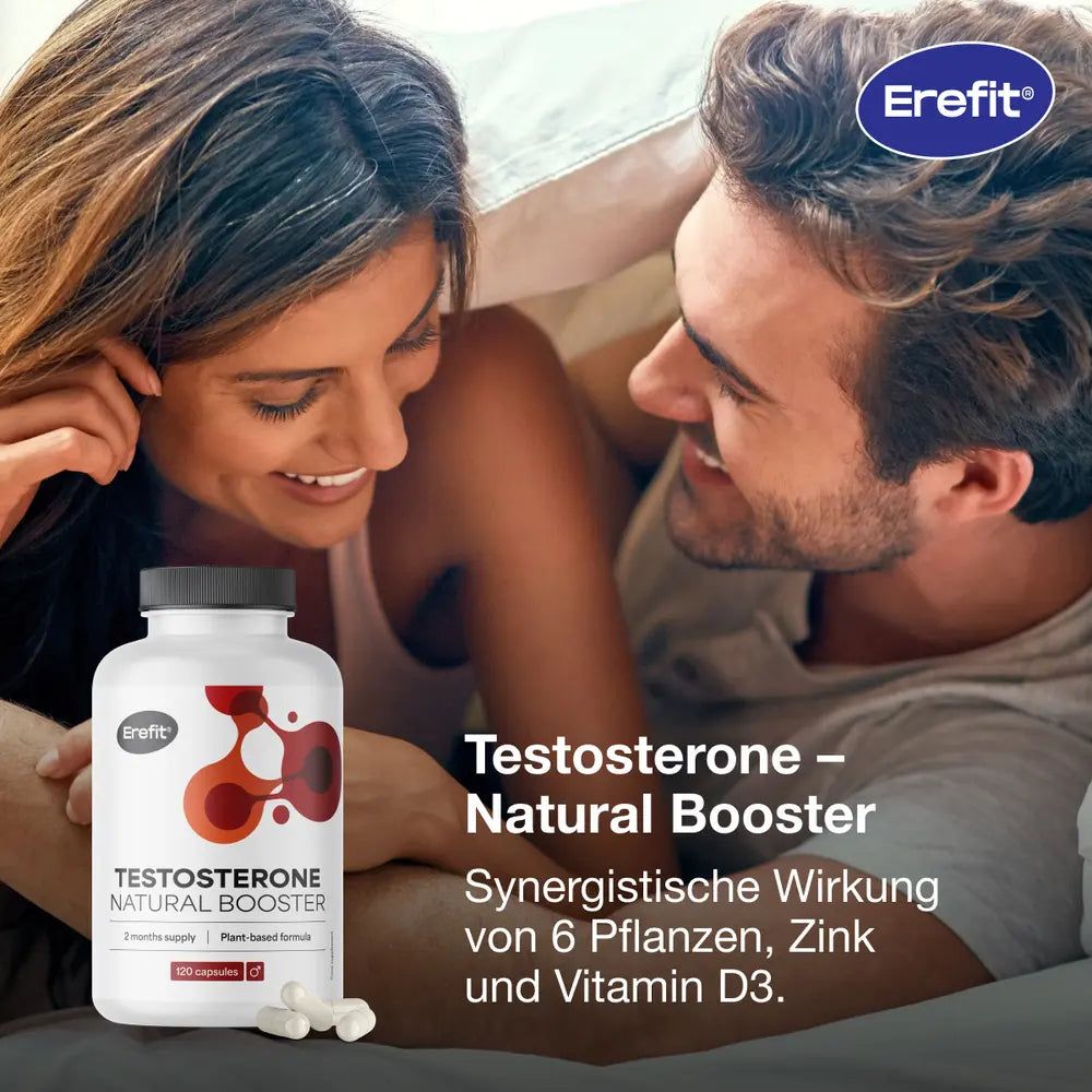 Paar im Bett, Flasche mit Kapseln. Aufschrift: Erefit, Testosterone Natural Booster.