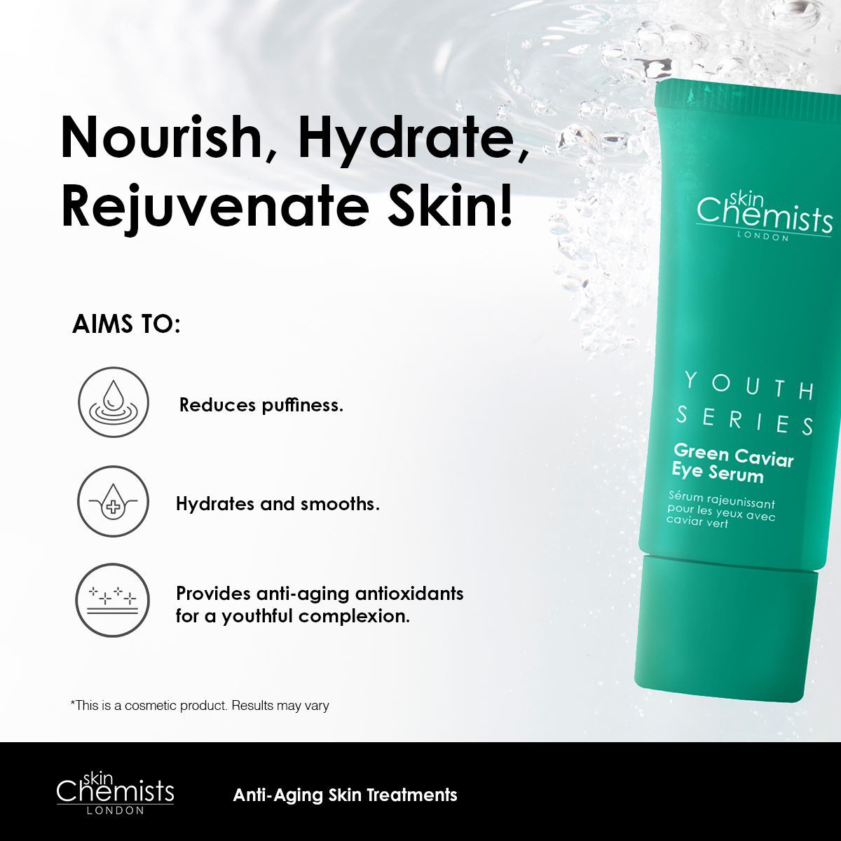 Grüne Tube mit "skinChemists" und "Green Caviar Eye Serum". Text: "Youth Series". Grafiken mit Wirkungen.