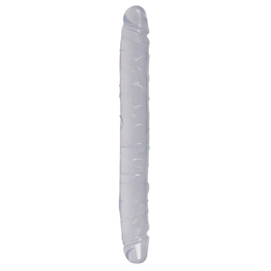 Doppeldildo aus transparentem Material. Geriffelte Oberfläche, zwei Enden.
