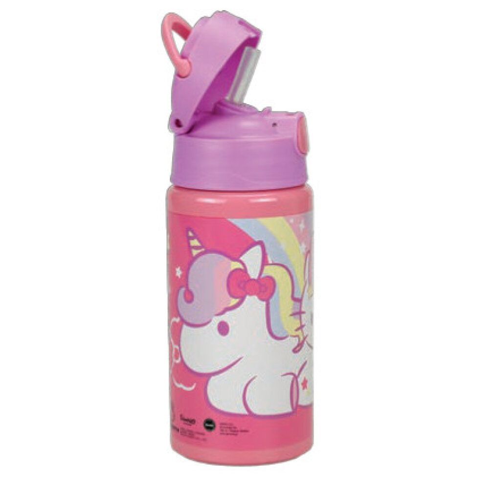 Rosa Trinkflasche mit Einhorn-Motiv und Klappdeckel. Mit Trinkhalm und Trageschlaufe. Aluminiumflasche.