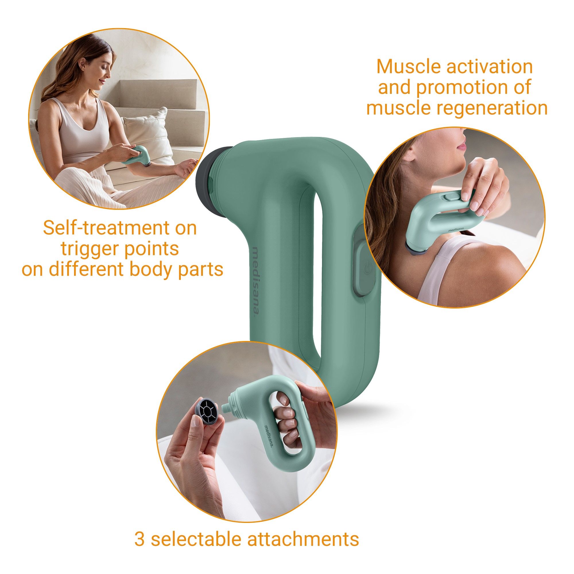 Groene massager met 3 opzetstukken. Tekst: medisana.