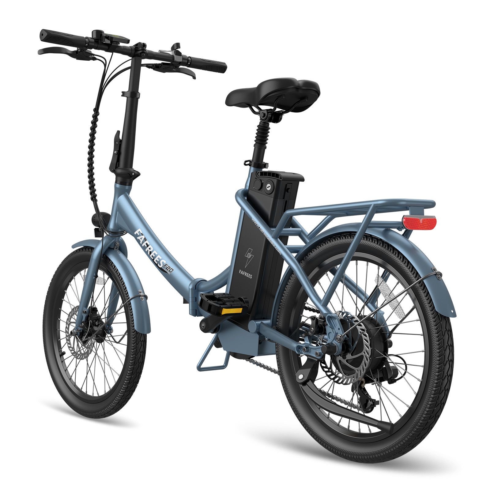 Blaues Fafrees F20 E-Bike. Klapprahmen, Gepäckträger, Scheibenbremsen. Akku am Rahmen. Schwarze Reifen und Sattel.