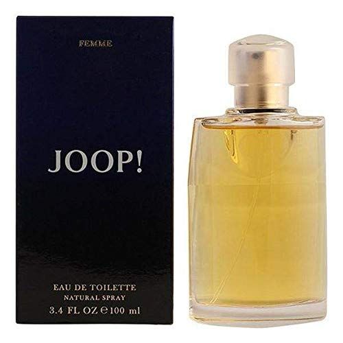 Joop! Flakon und Verpackung. Flakon mit goldfarbener Flüssigkeit. Verpackung blau-schwarz. Schriftzug "JOOP!".