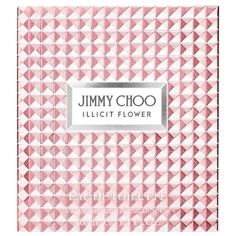 Rosa Schachtel mit geometrischem Muster. Aufschrift: JIMMY CHOO ILLICIT FLOWER. Text: Eau de Toilette.