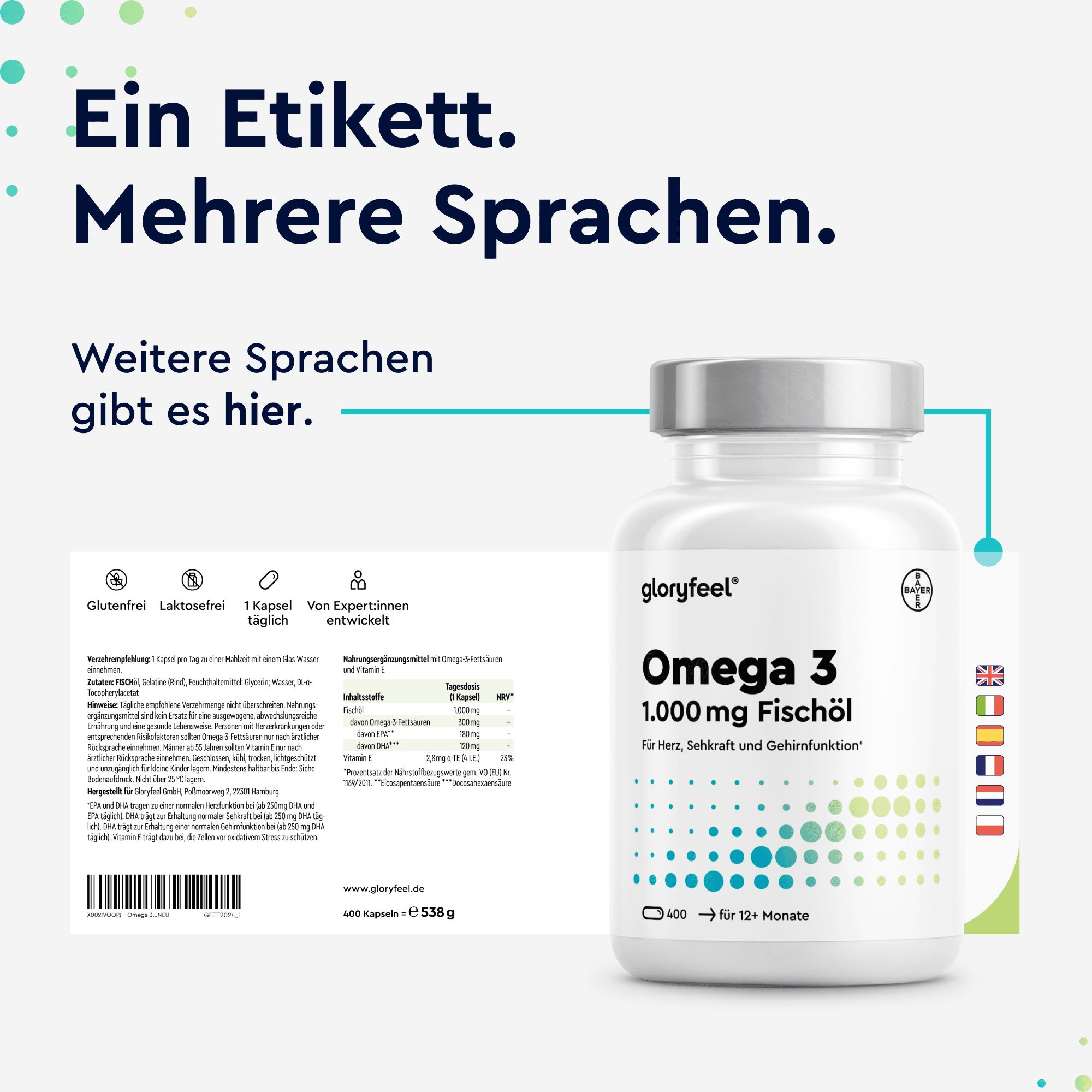 Weiße Flasche mit Kapseln und Etikett. Text: Ein Etikett. Mehrere Sprachen.