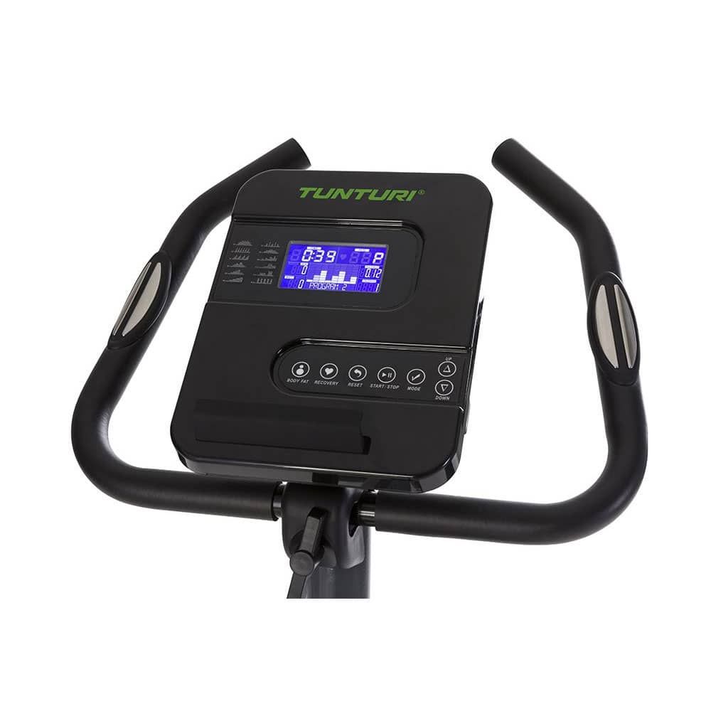 Heimtrainer-Lenker mit Display. Schwarzes Gehäuse, blaues Display. Tunturi-Logo. Griffe.