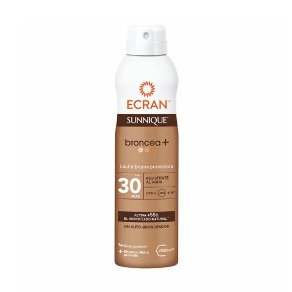 ECRAN SUNNIQUE Sonnenspray mit Broncea+ LSF 30. Schutzspray in weißer Dose mit braunem Etikett.