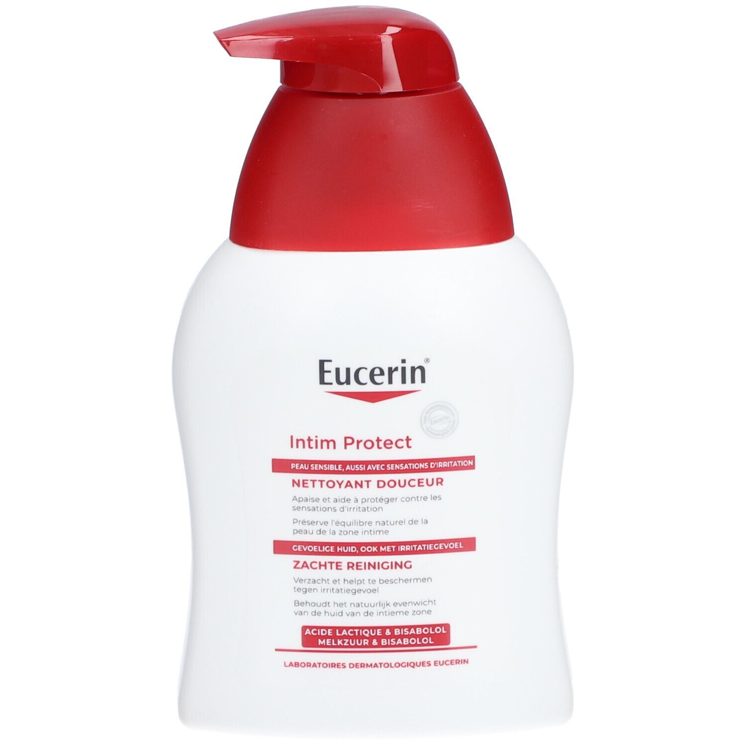 Flacon blanc avec pompe rouge. Eucerin Intim Protect. Texte sur le devant.