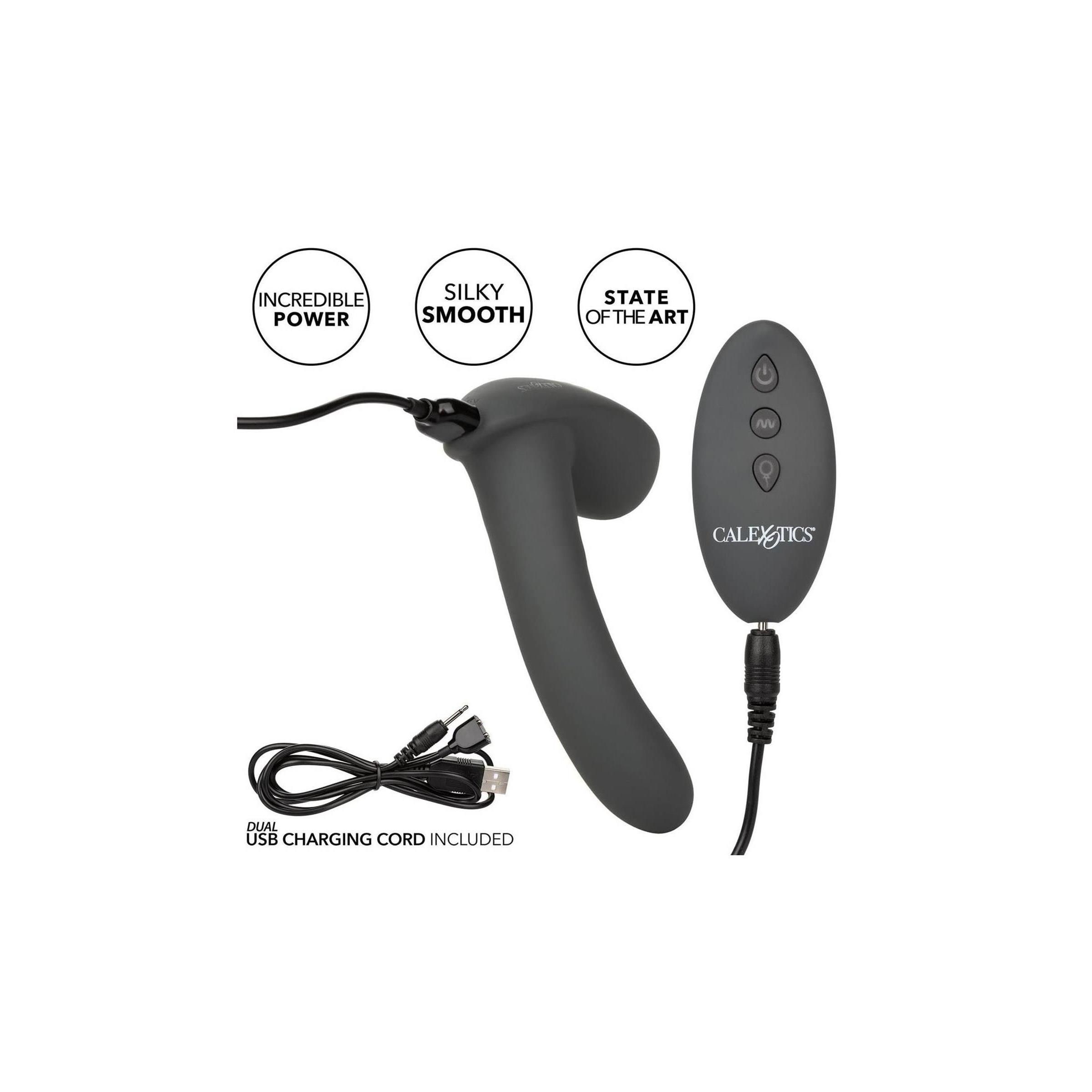 Graue Sonde mit Fernbedienung und USB-Ladekabel. Aufschrift: Incredible Power, Silky Smooth, State of the Art. Marke CalExotics.