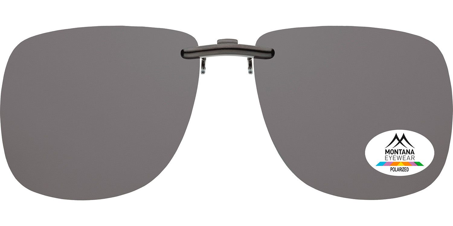 Graue Clip-on-Sonnenbrille mit Montana Eyewear-Logo und Polarisationshinweis. Rechteckige Form, Metallrahmen.
