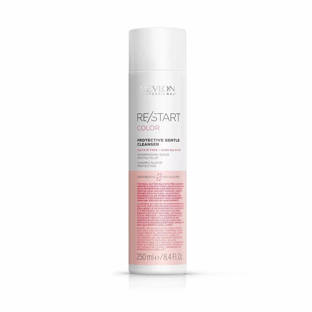 Weiß-rosa Flasche mit Produktbezeichnung und Text. Enthält 250 ml. Marke Revlon.