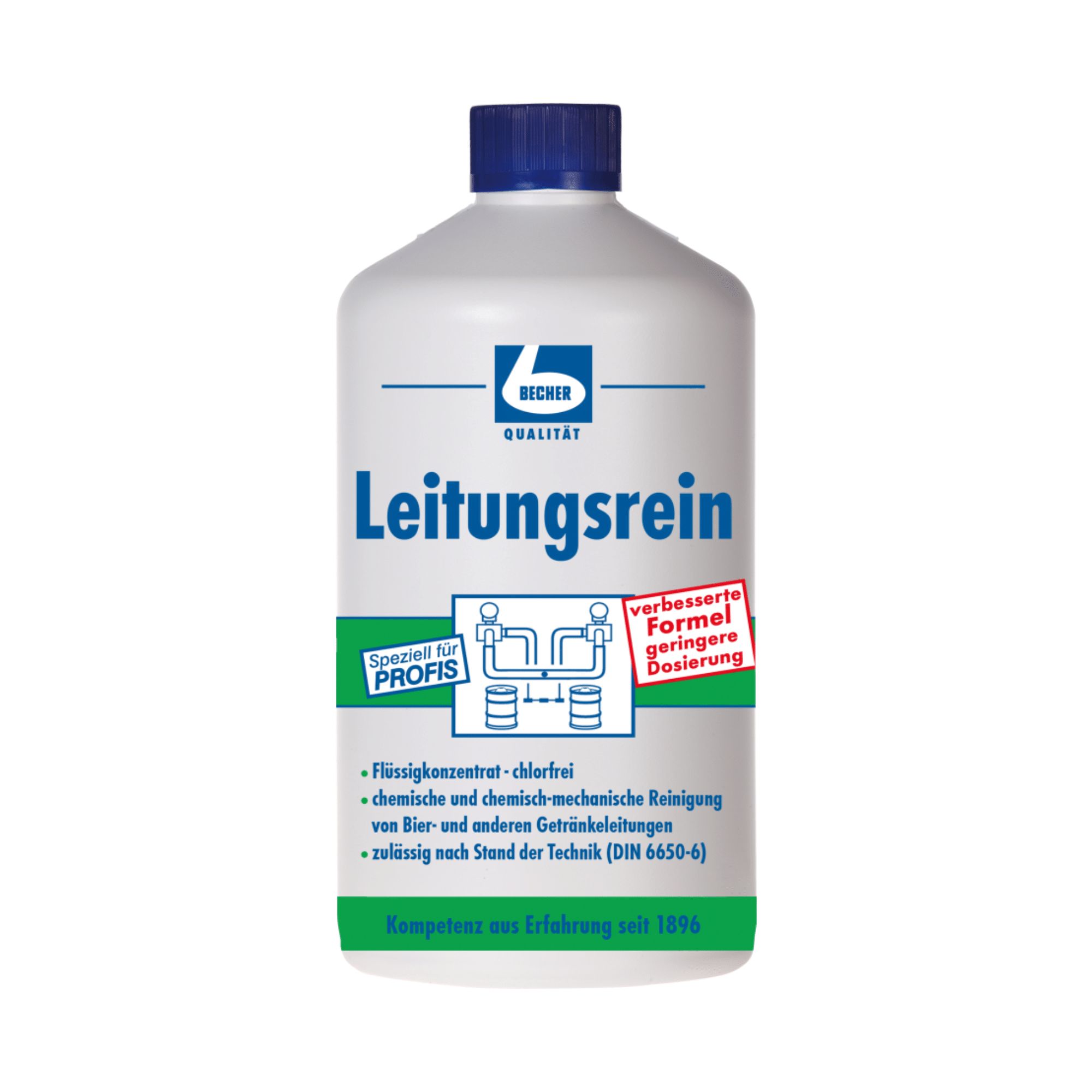 Weiße Flasche mit blauem Deckel. Aufschrift "Leitungsrein" und "BECHER QUALITÄT". Enthält Text über chemische Reinigung.
