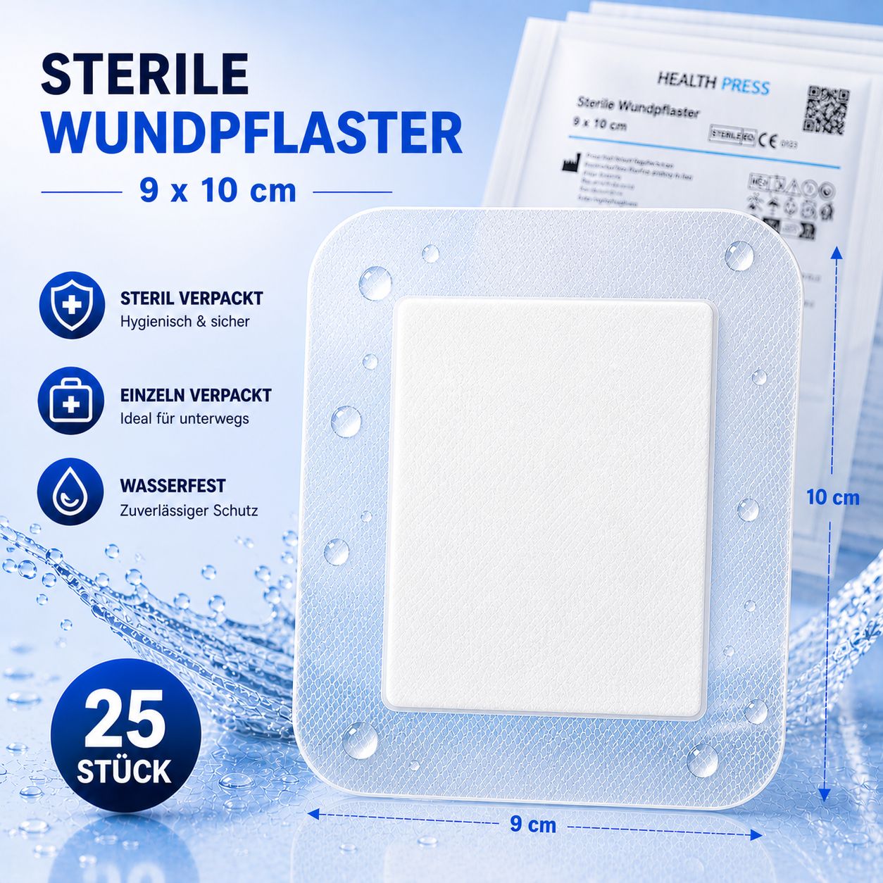 Einzeln verpacktes, wasserfestes, steriles Wundpflaster 9x10 cm mit 25 Stück.