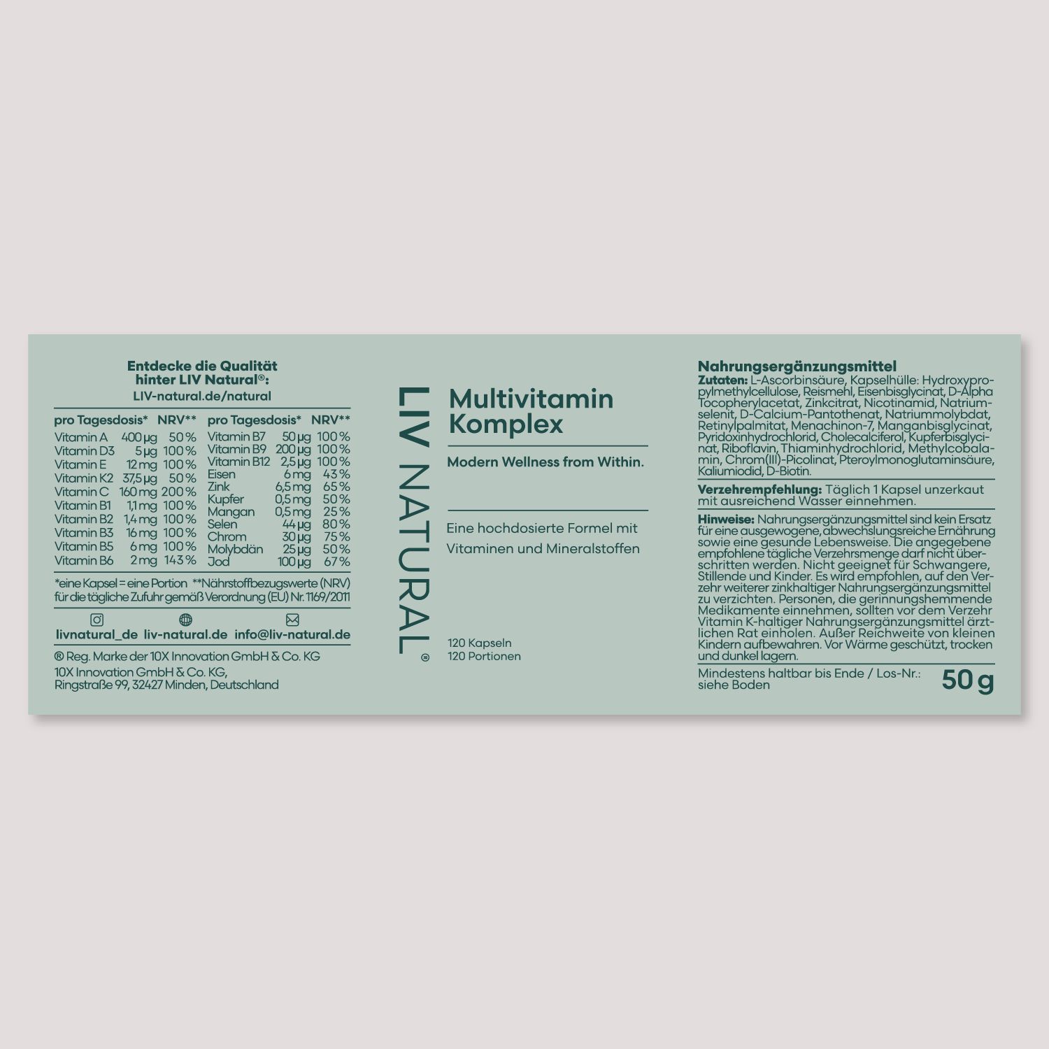 Verpackung mit Text: LIV NATURAL, Multivitamin Komplex. 120 Kapseln, 120 Portionen. Nährwertangaben und Inhaltsstoffe.
