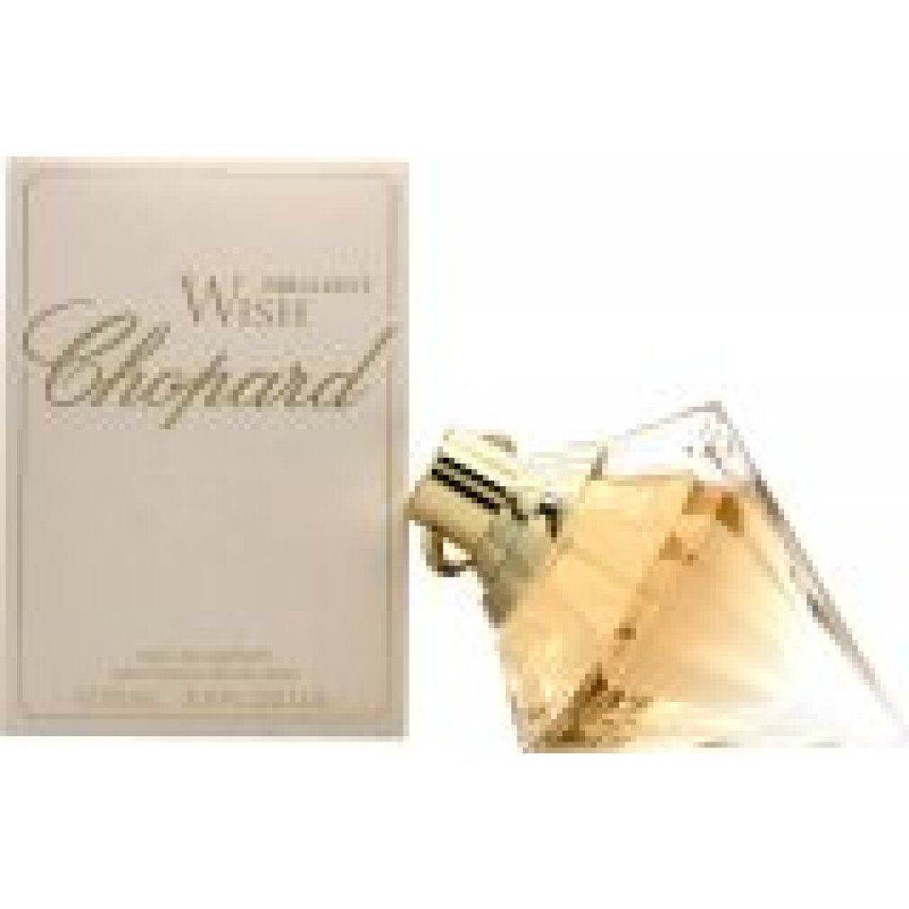 Parfümflakon und Verpackung. Goldfarbener Verschluss, Schriftzug "Chopard". Eckige Form, transparente Glasflasche.
