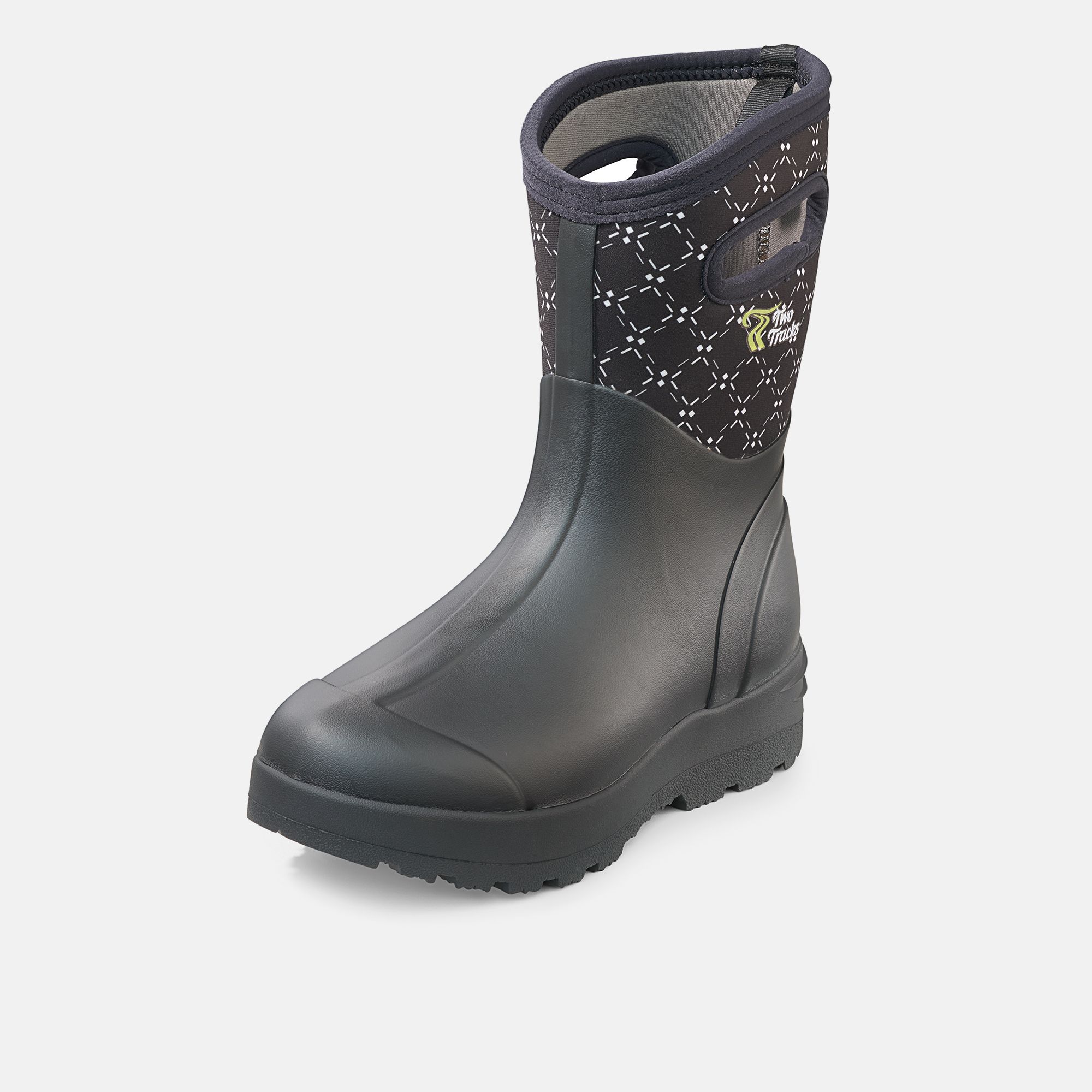 Schwarzer Stiefel mit breiter Passform. Schaft mit Muster. Sohle mit Profil.