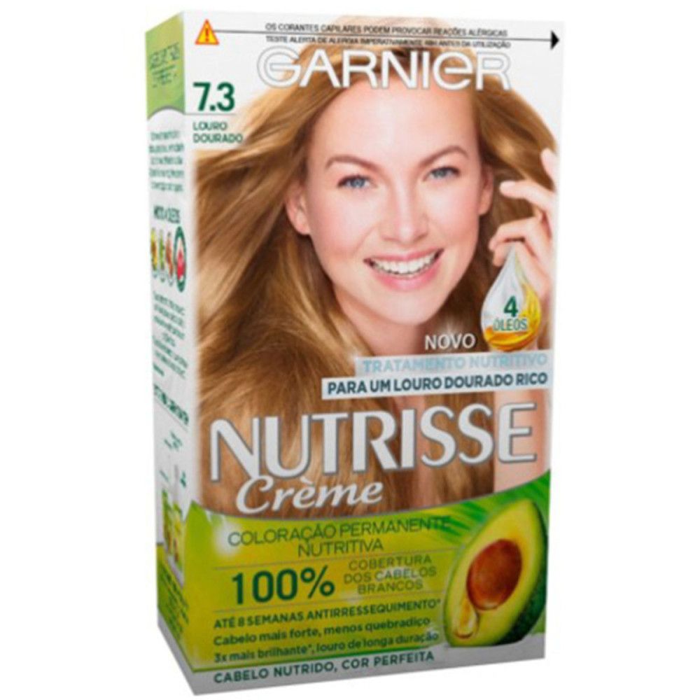 Haarfarben-Verpackung mit Frauengesicht. Enthält die Aufschrift Garnier Nutrisse Creme, 7.3 Louro Dourado und 100% Deckkraft.