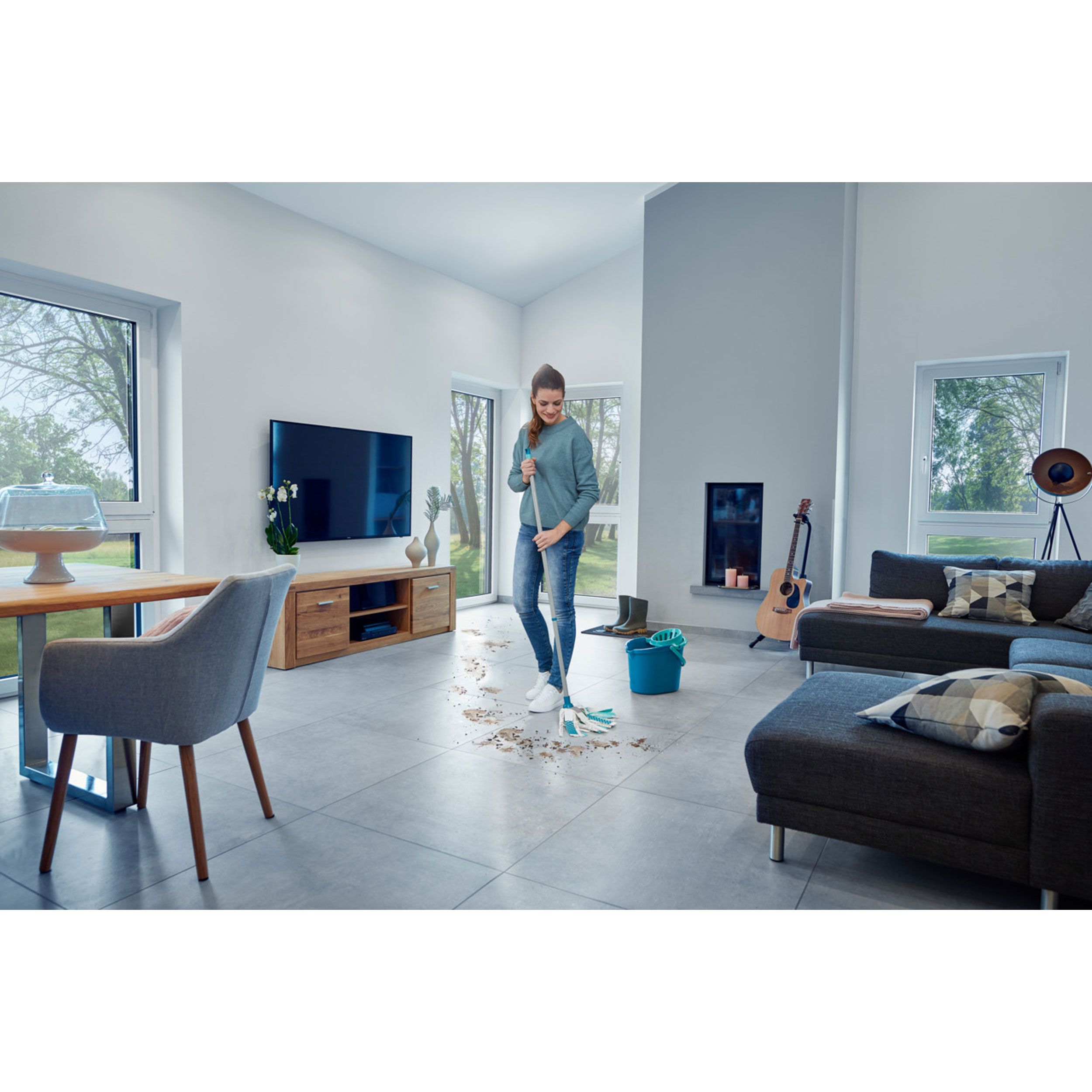Leifheit Wischmopp Power Mop 3in1 Telescope, Bodenwischer mit Stiel, Kunststoff, Blau, Weiß