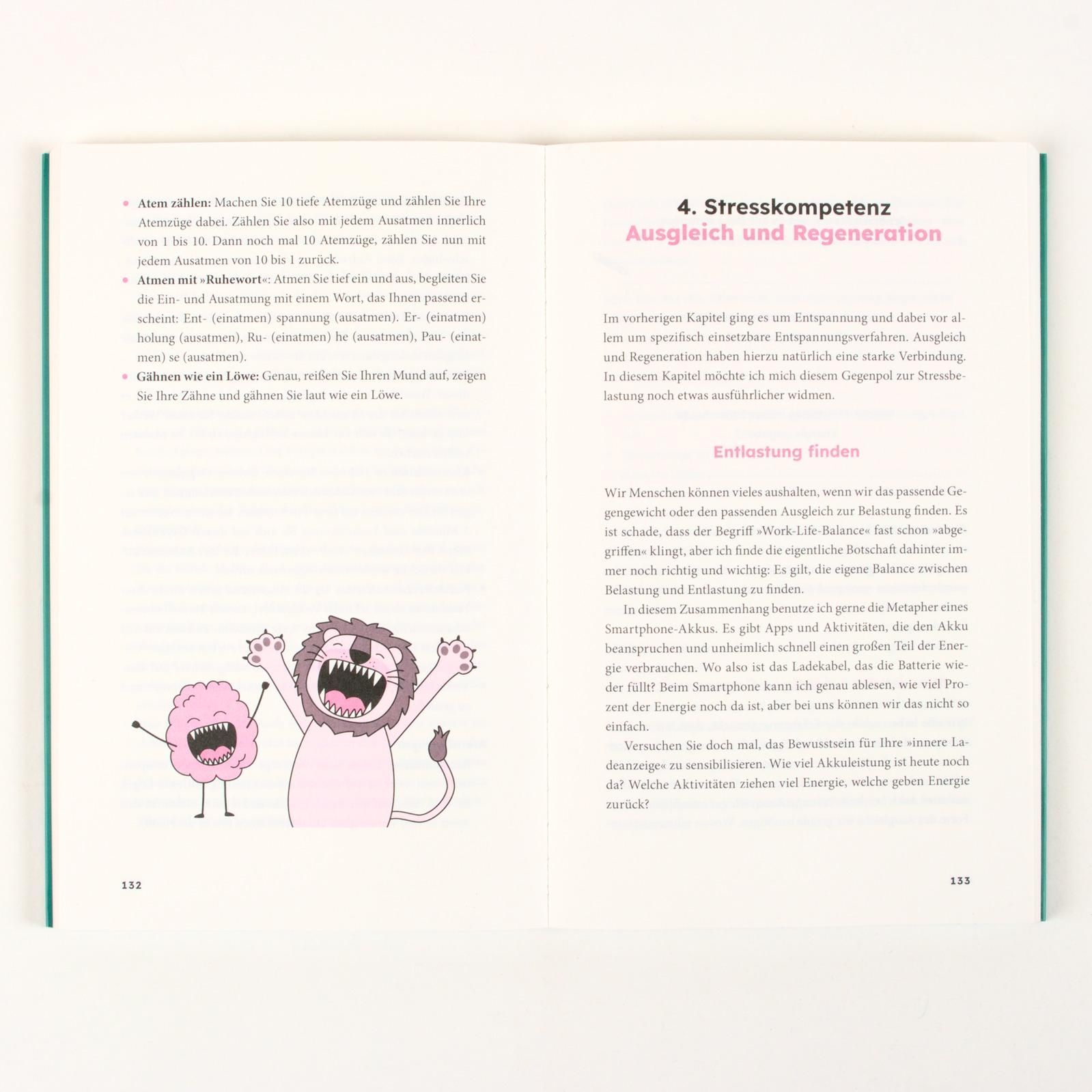 Offenes Buch mit Illustrationen. Linke Seite: Text und Illustrationen. Rechte Seite: Kapitelüberschrift "Stresskompetenz".