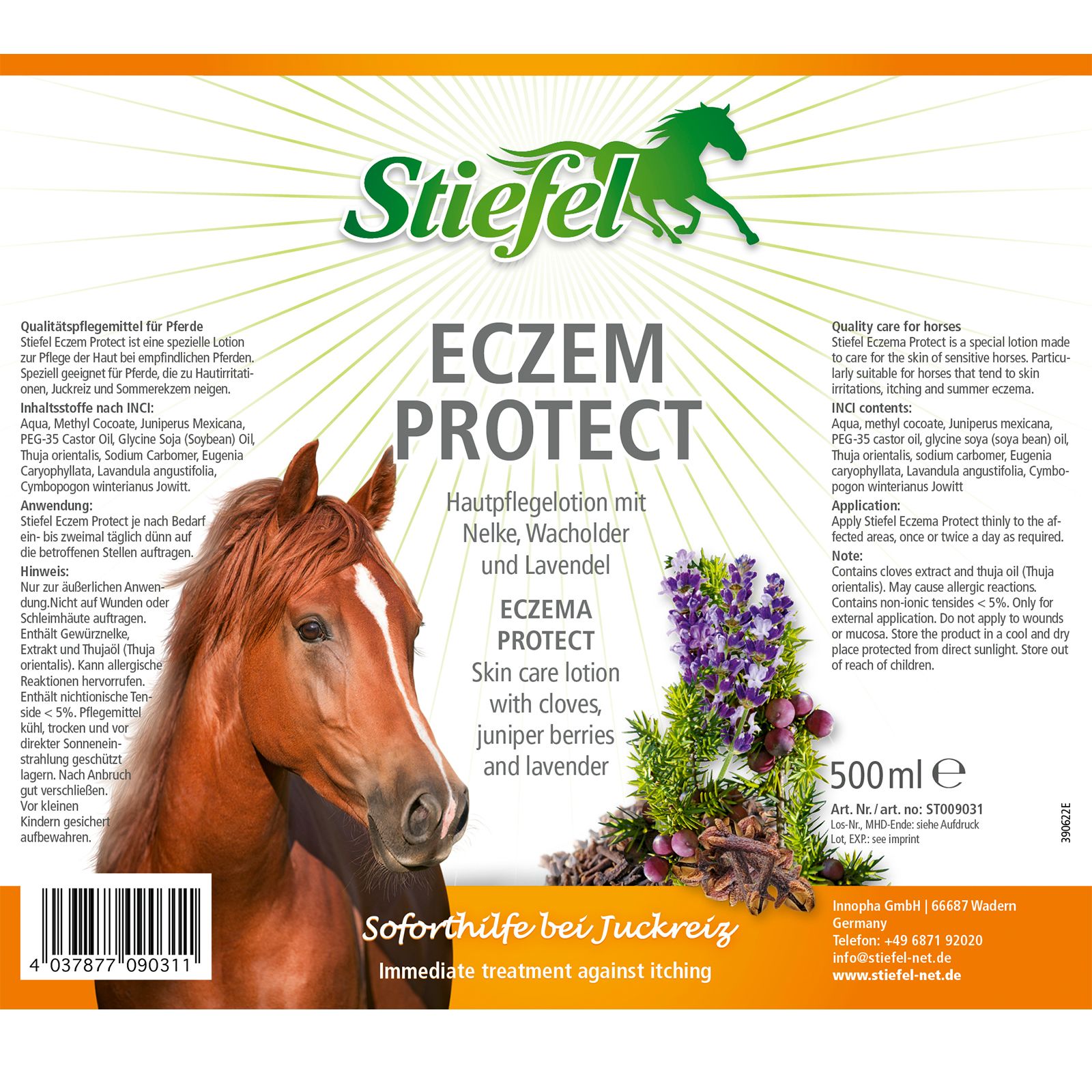 Etikett mit Produktnamen und Inhaltsstoffen. Enthält Abbildung eines Pferdes und Lavendel. Text: Eczem Protect, Hautpflegelotion mit Nelke, Wacholder und Lavendel.