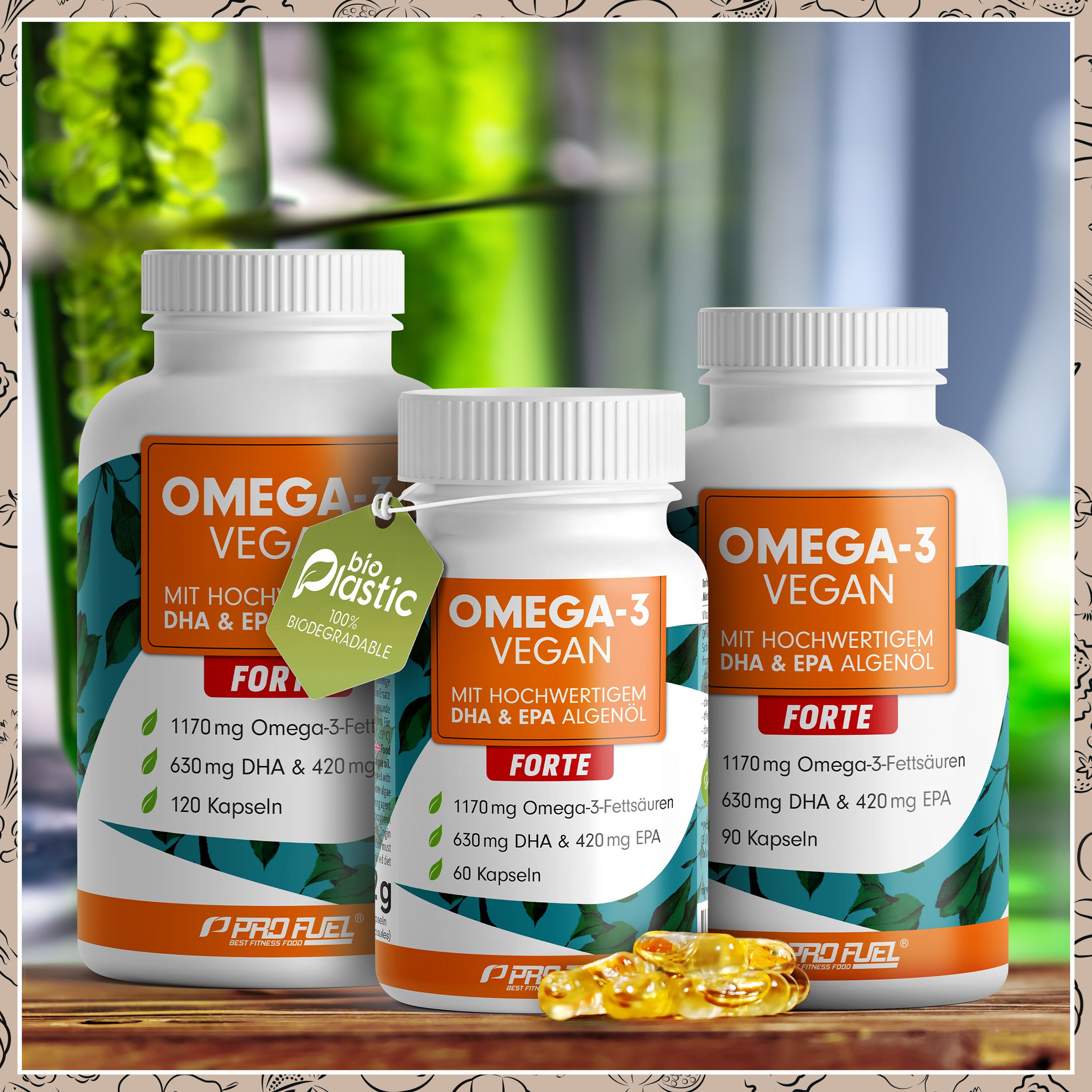 Drei Flaschen ProFuel Omega-3 Vegan. Mit Bio-Plastic Siegel. Verschiedene Kapselanzahlen.