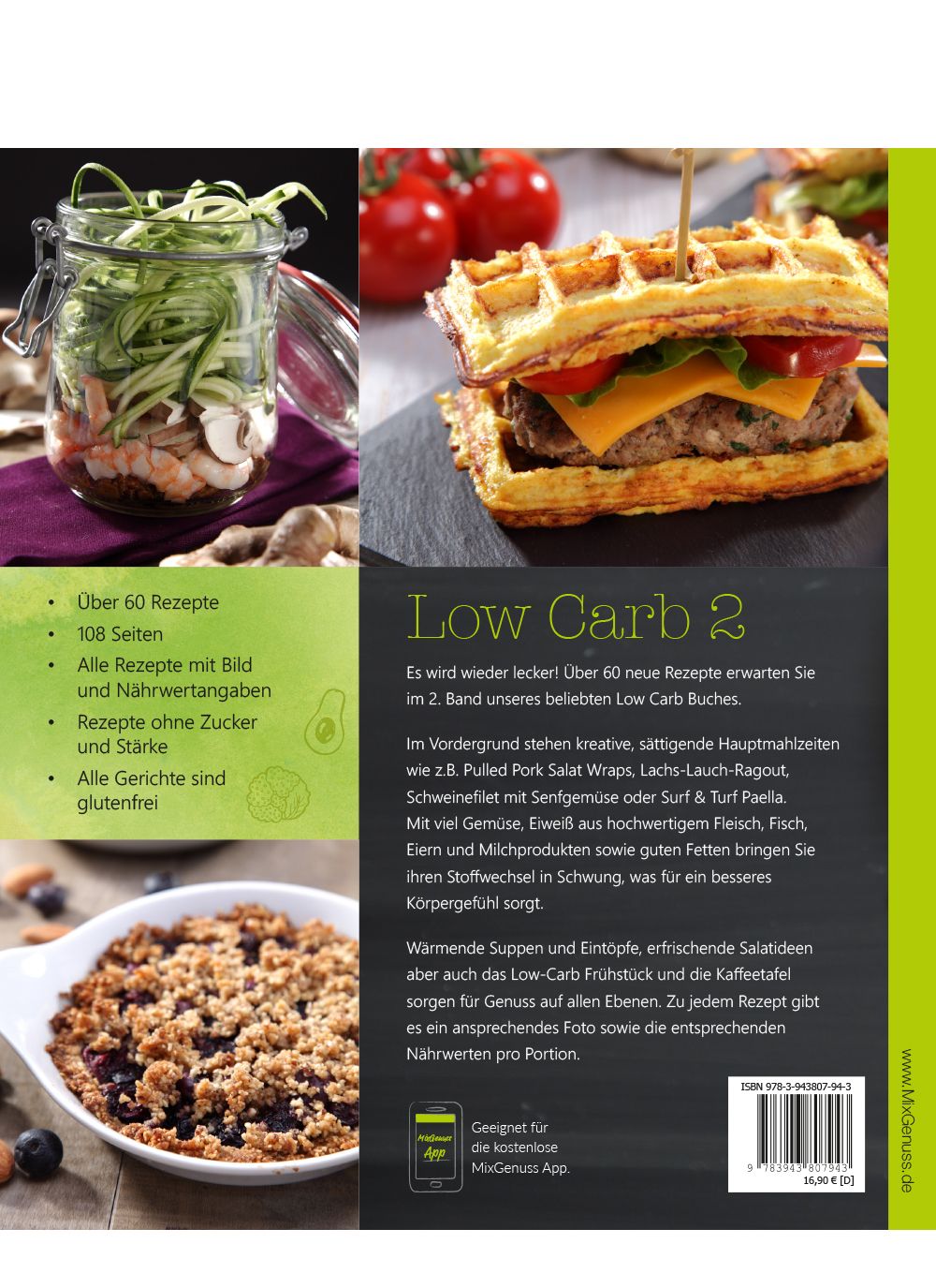 Rückseite des Buches "Low Carb 2". Rezepte, Zutaten, Waffel-Burger, Glas mit Zucchini-Nudeln, Beeren-Auflauf.