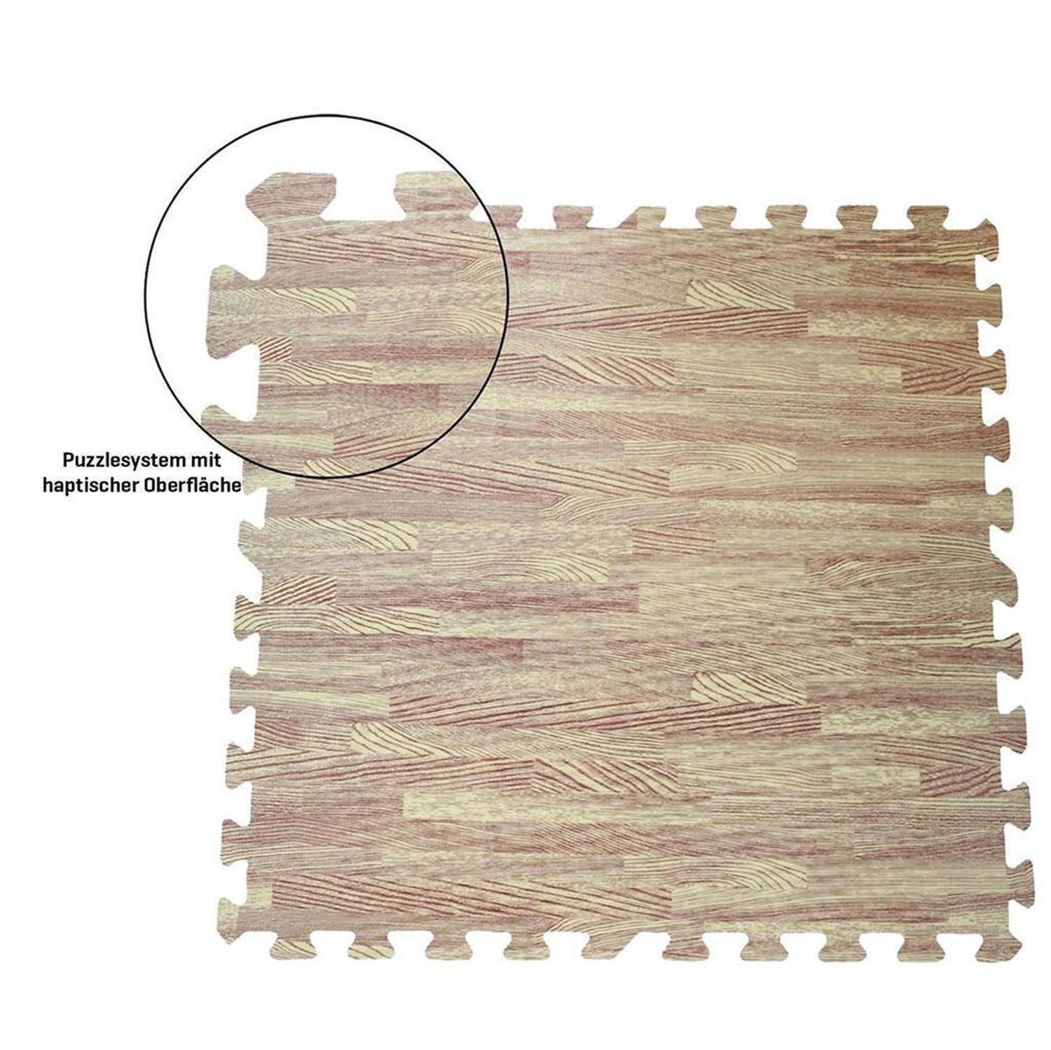 Puzzleteil mit Holzoptik. Vergrößerte Ansicht zeigt die Oberfläche und die Verbindungstechnik. Text: Puzzlesystem mit haptischer Oberfläche.