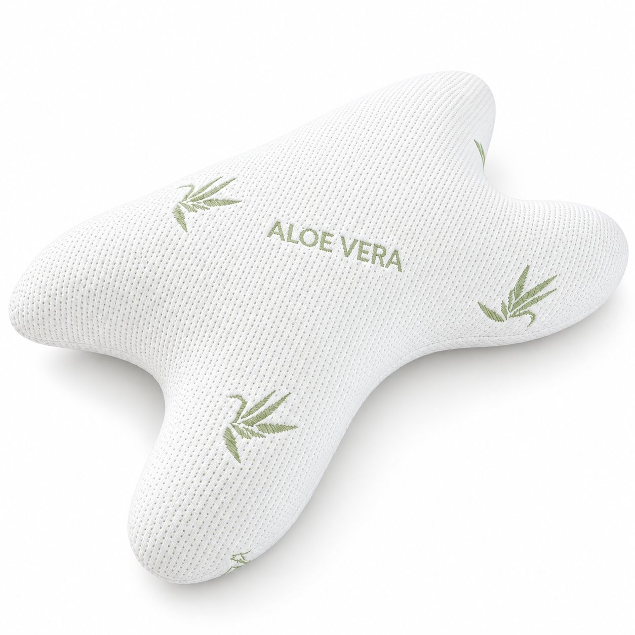 Weißes Kissen mit Aloe Vera Aufdruck und Blättermotiv.