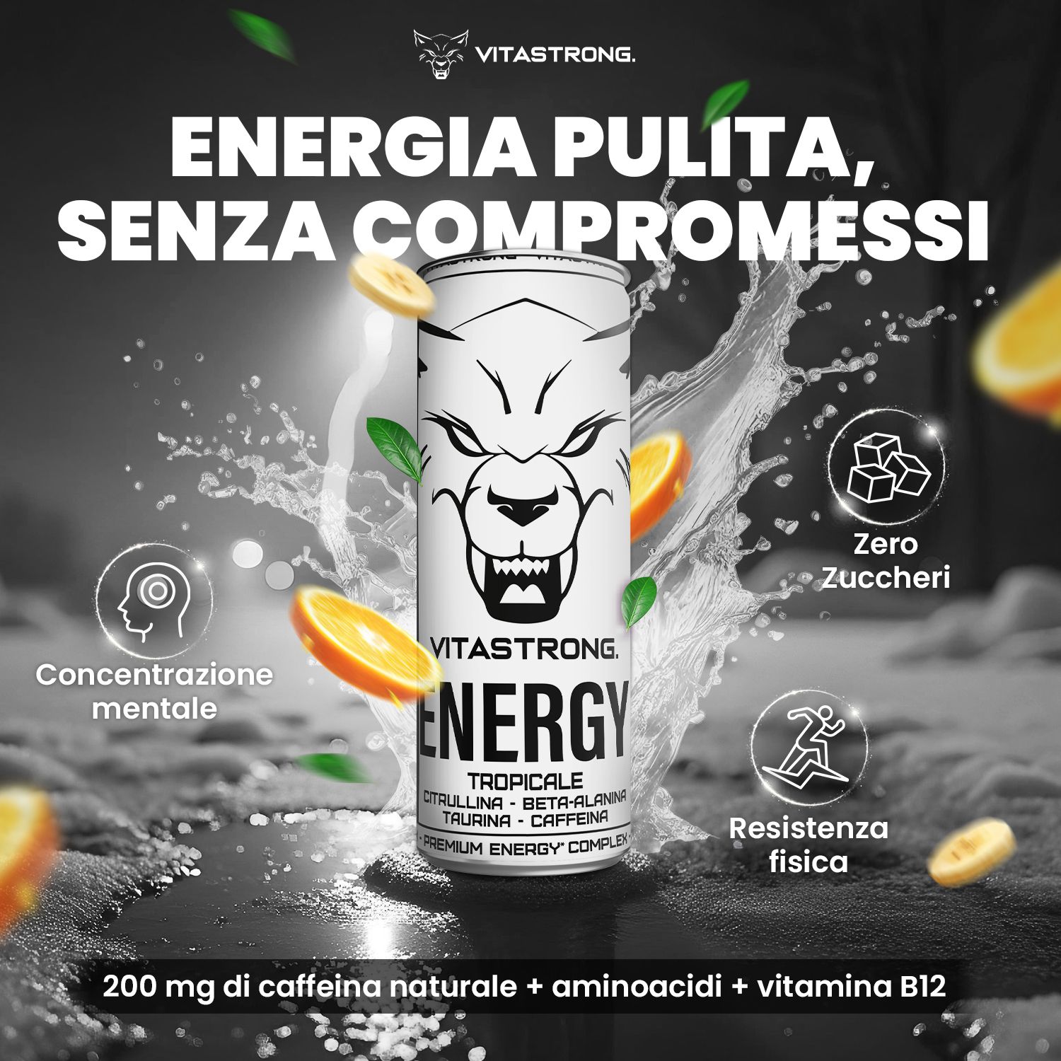 Vitastrong Energy Tropical Dose. Text: ENERGY, Tropical. Mit Früchten und Icons. Text: Konzentration, Ausdauer.