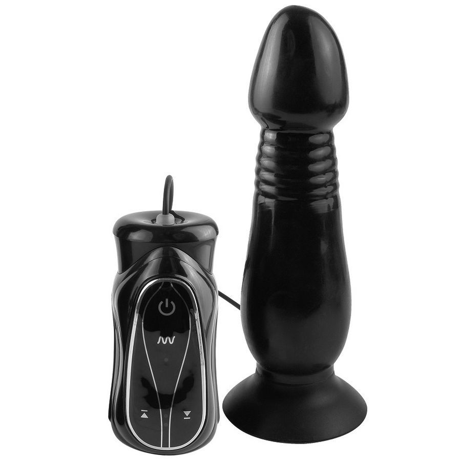 Schwarzer Vibrator mit Steuergerät. Glatte Oberfläche, geriffelte Textur. Mit Kabel verbunden.