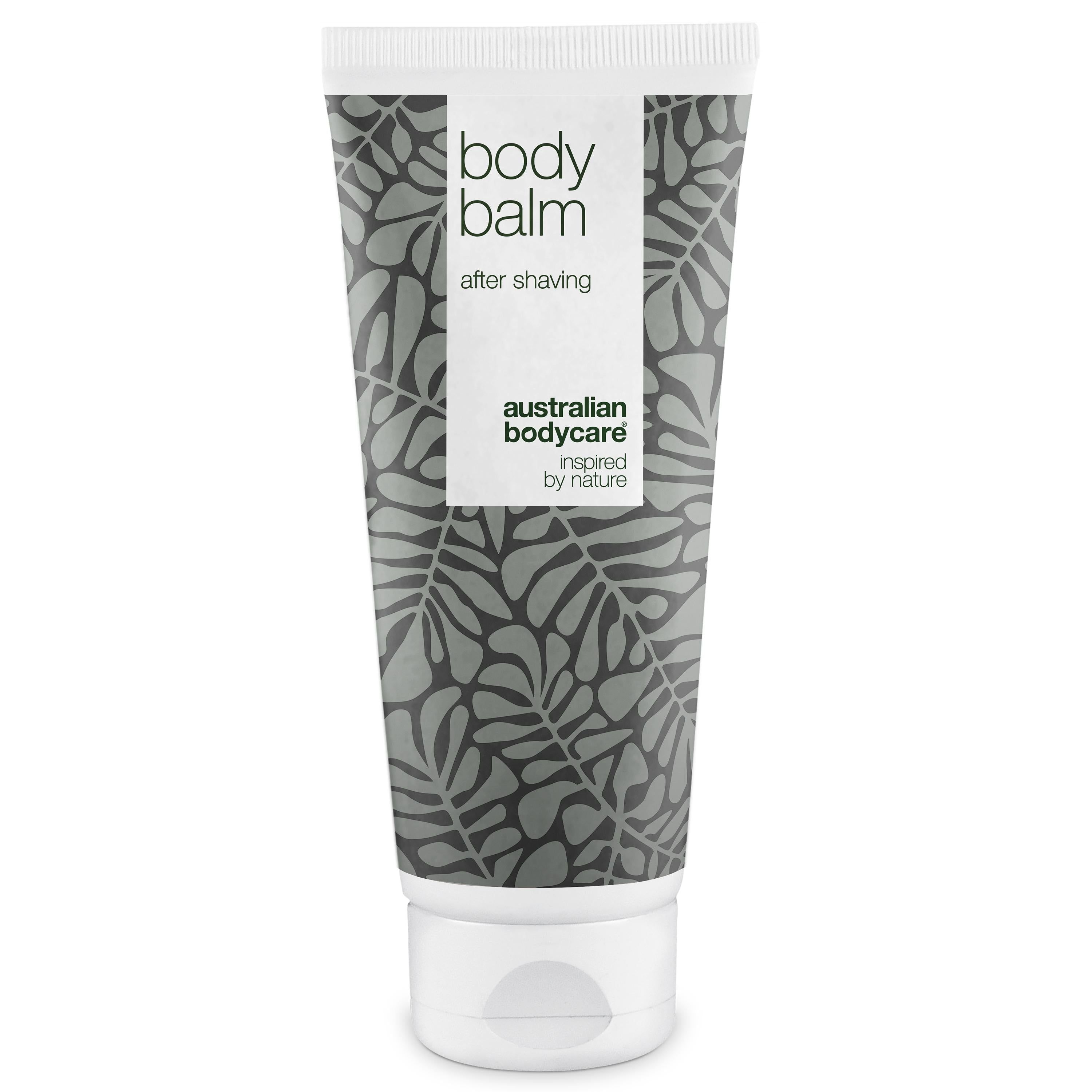 Tube After Shave Balsam. Graues Blattmuster. Schriftzug: Body Balm, After Shaving, Australian Bodycare.