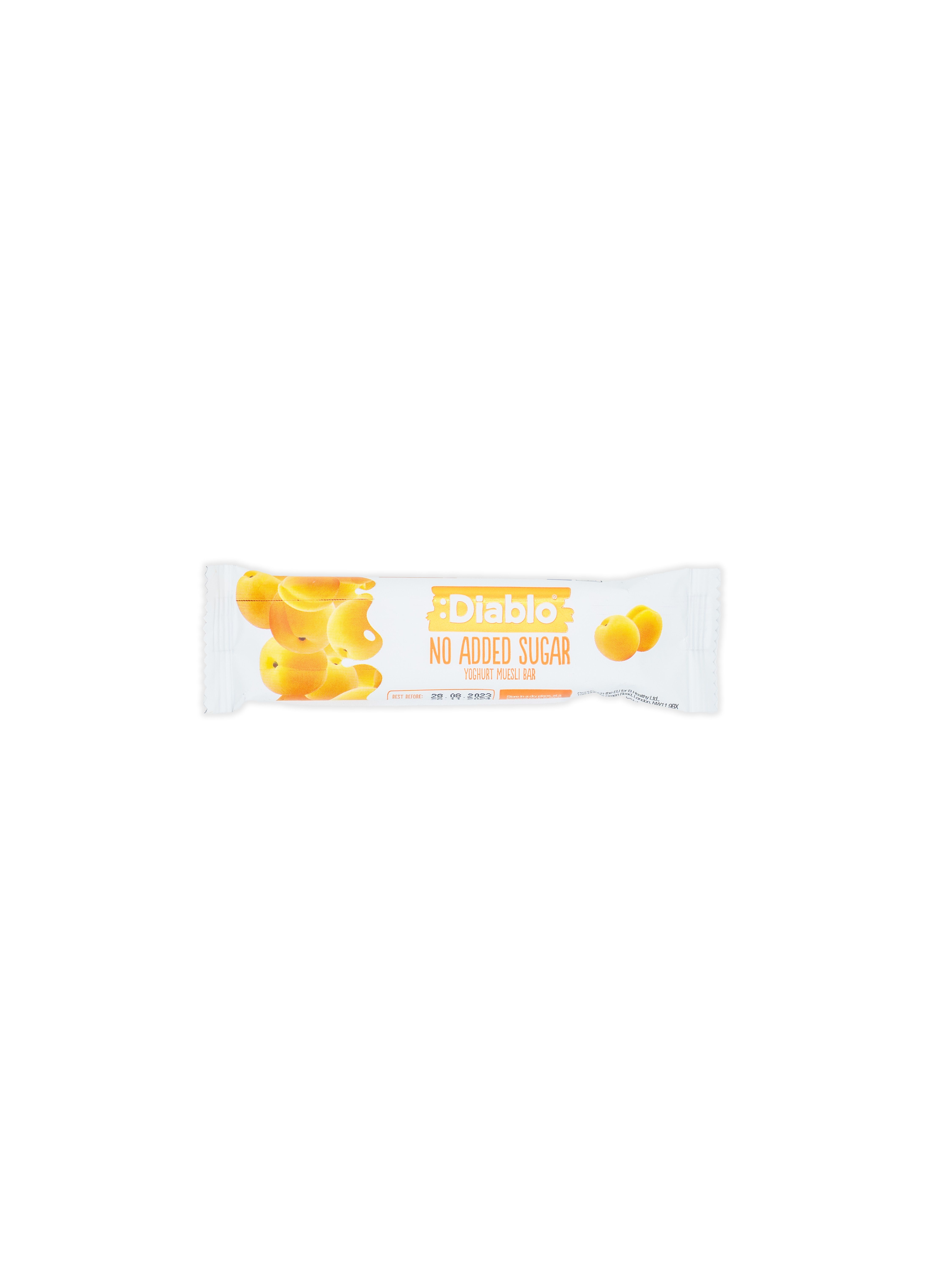 Verpackung eines Diablo-Müsliriegels ohne Zuckerzusatz mit Aprikose. Aufschrift: Diablo, ohne Zuckerzusatz.